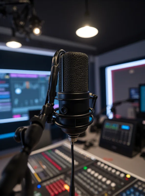 A radio broadcasting studio with a microphone and sound equipment.