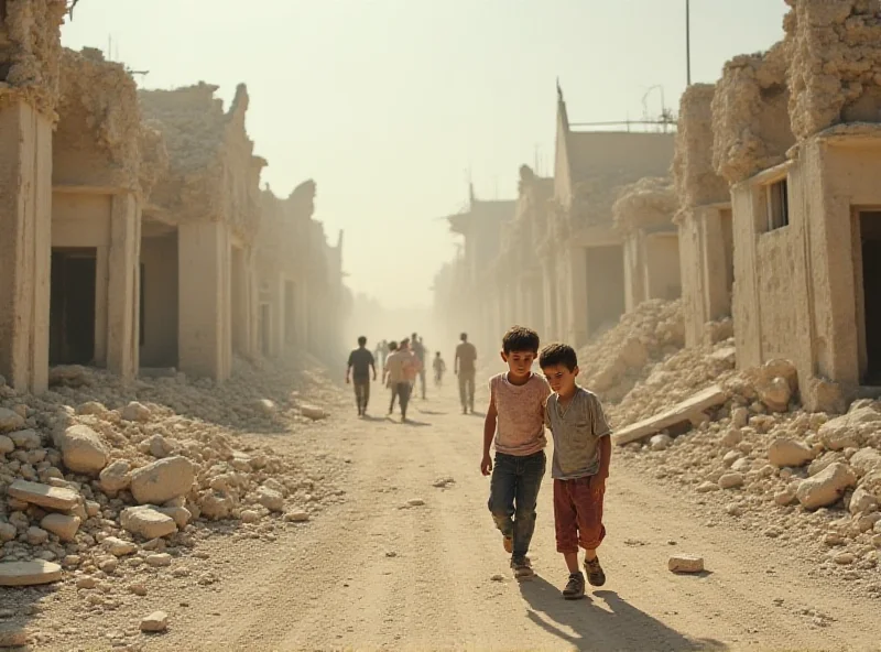 A still image from a documentary showing a bombed-out building in Gaza, with children playing nearby. The scene is dusty and filled with debris, conveying the harsh realities of life in a war zone.