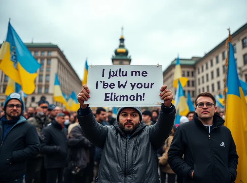 A group of Ukrainian citizens gathered in a city square, holding Ukrainian flags and signs expressing resilience and national unity. The atmosphere is defiant and determined, showcasing the strength of the Ukrainian people in the face of adversity.