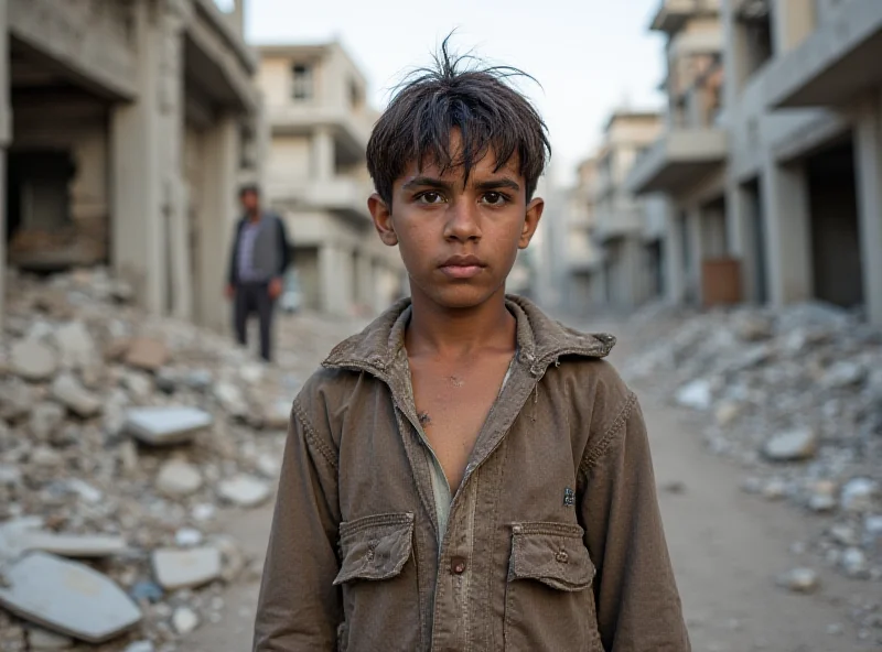 Abdullah al-Yazouri, a young boy, selling chocolate in the streets of Rafah, Gaza. He is surrounded by rubble and damaged buildings, highlighting the difficult living conditions in the area.