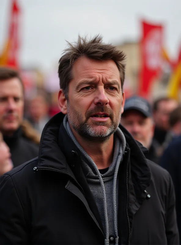 Jean-Philippe Tanguy speaking at a political rally, looking directly at the camera with a stern expression. The background is filled with supporters holding flags and banners.