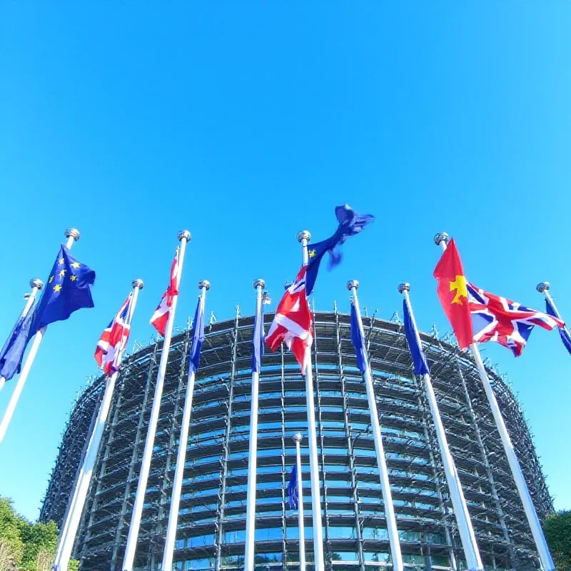 The European Parliament building in Brussels, Belgium, under a clear blue sky. Flags of the European Union are waving in front of the building.