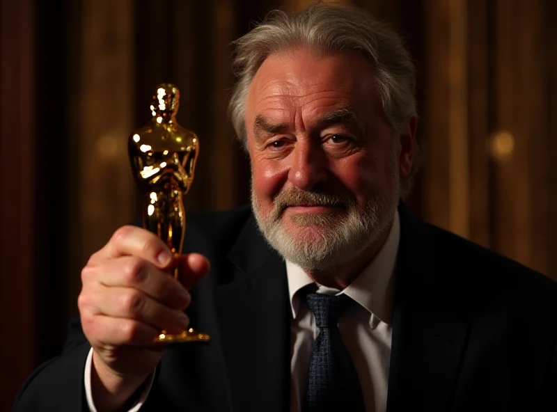 Francis Ford Coppola smiling slightly, holding a golden raspberry award, with a slightly sarcastic expression. He is wearing a dark suit.