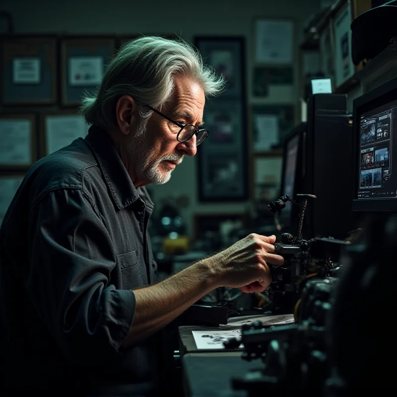 Walter Murch working on film editing equipment.