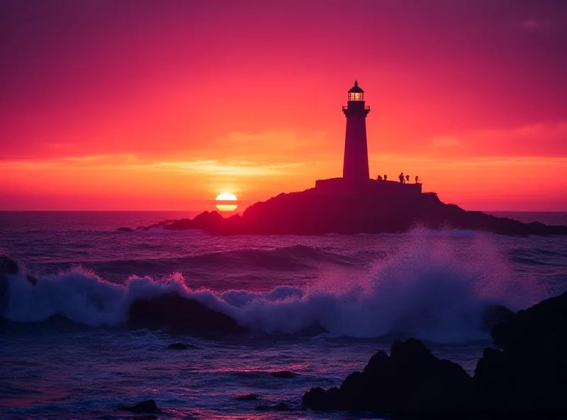 A dramatic photograph of the Longships Lighthouse at sunset, with waves crashing against the rocks.