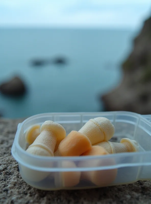 A close-up shot of earplugs in a case, with the sea visible in the background.