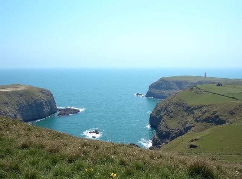 A scenic view of Land's End, Cornwall, with the ocean stretching out to the horizon.