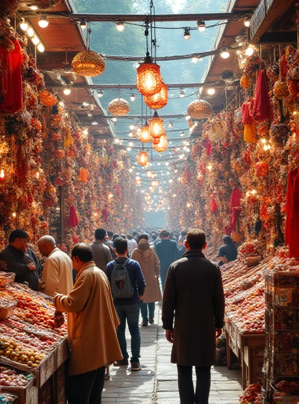 Image of a bustling Aidilfitri bazaar with traders and shoppers.