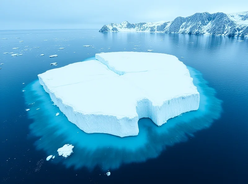 Aerial view of the massive A23a iceberg floating near South Georgia Island, with smaller icebergs and the island's coastline visible.