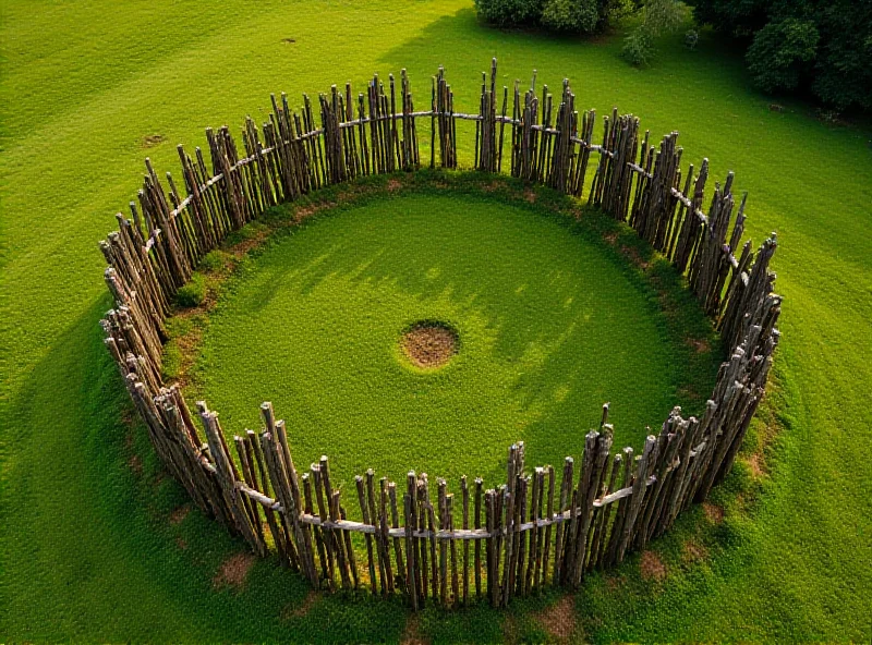 A photograph of the wooden circle in Denmark, showing the arrangement of posts and the surrounding landscape.