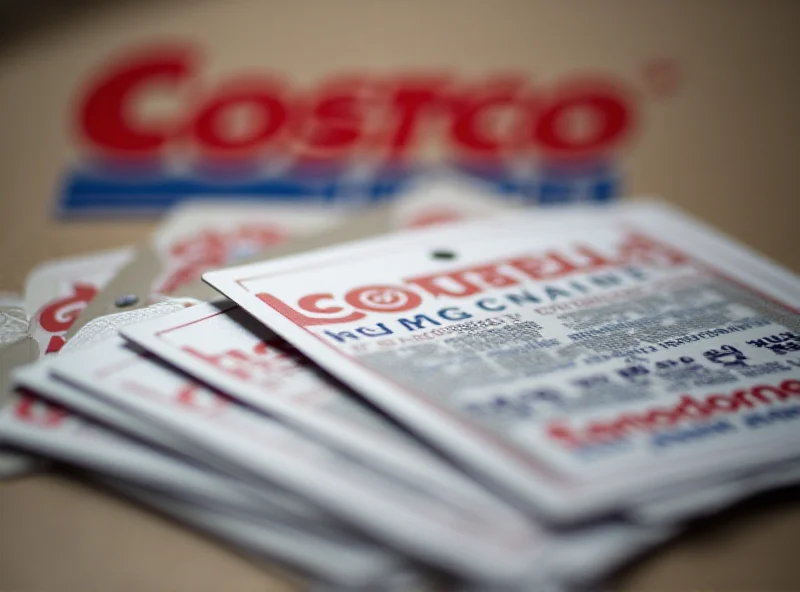 Close-up shot of Costco membership cards with the Costco logo prominently displayed in the background.