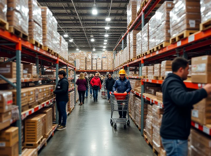 A wide angle shot of a bustling Costco warehouse interior, showing shoppers with overflowing carts and employees stocking shelves.