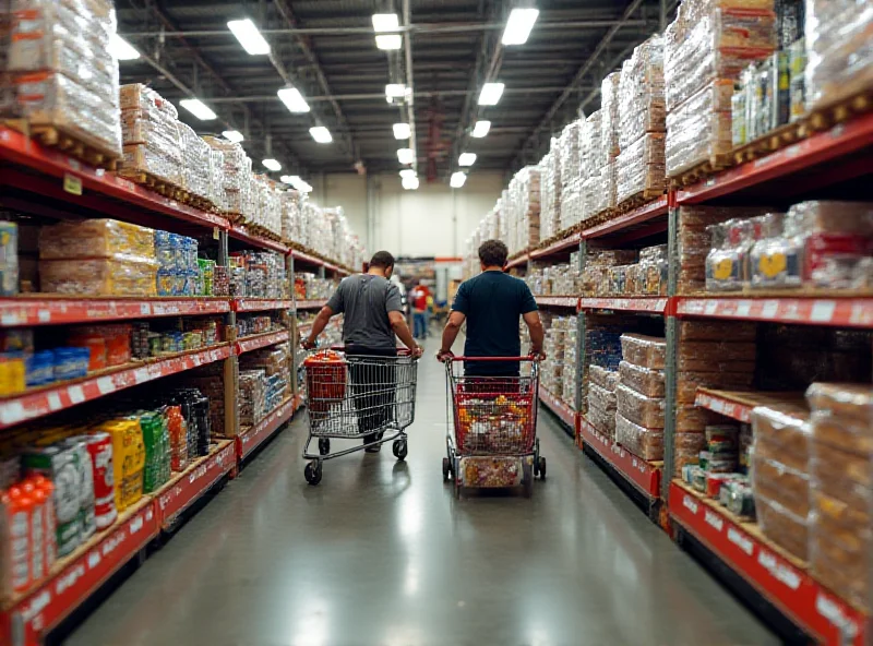 A busy Costco store with shoppers filling their carts.