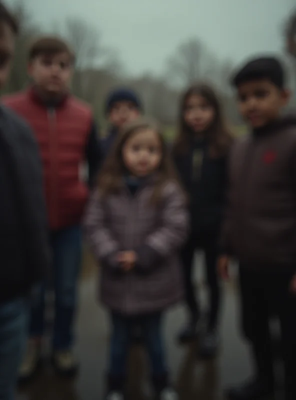 A blurred image of children surrounding a single child, suggesting bullying.