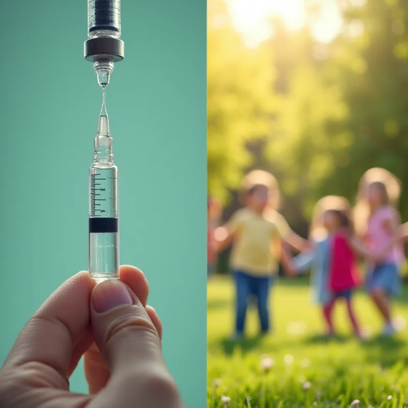 A split image showing a vaccine syringe on one side and children playing on the other, representing the two topics of the article.