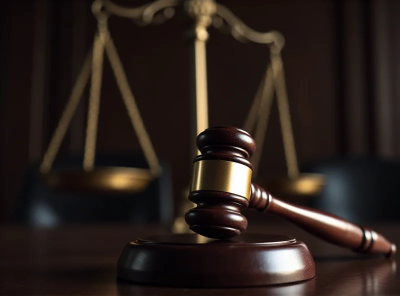 Gavel and scales of justice, symbolizing a court trial, with a blurred courtroom background.