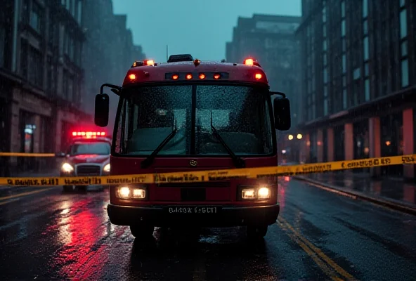 A crashed minibus on a rainy street, surrounded by police tape and emergency vehicles, indicating a traffic accident.