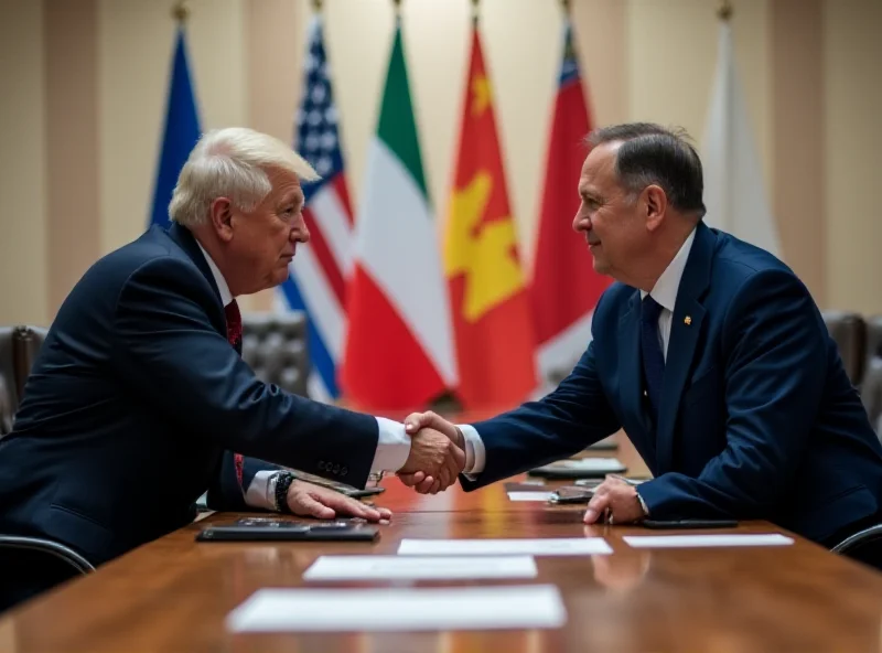 A formal meeting between two political leaders, shaking hands across a table with flags of their respective organizations in the background.