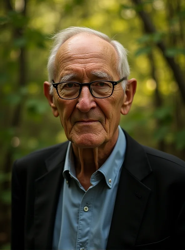 Portrait of an elderly man with a kind face, wearing glasses and a suit, in a natural setting with trees and greenery in the background, representing an environmental pioneer.