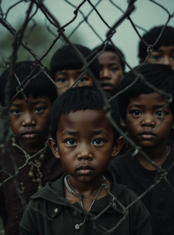 A group of children standing behind a chain link fence, symbolizing wrongful detention.