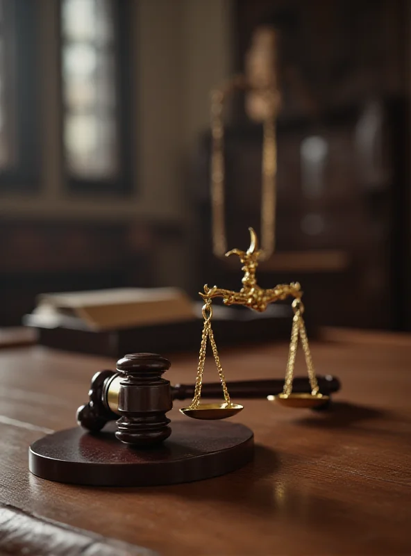 Gavel and scales of justice in a courtroom setting