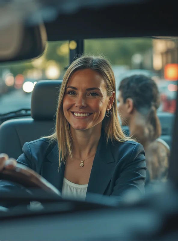 A female taxi driver smiling at a female passenger getting into her car. The Bolt logo is visible on the car's dashboard.