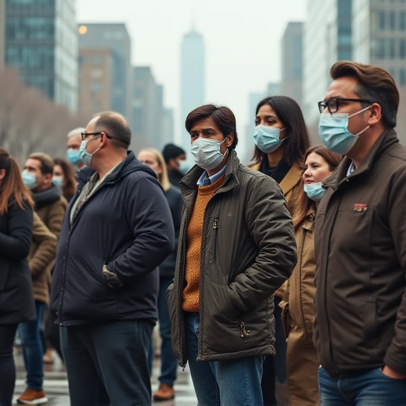 A diverse group of people wearing masks and standing apart, representing the need for social distancing and safety measures during the COVID-19 pandemic. The background shows a cityscape, symbolizing the economic activity continuing despite the pandemic.