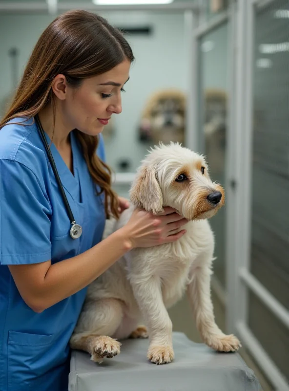 A veterinarian gently examining a dog in a clean and well-lit breeding facility.