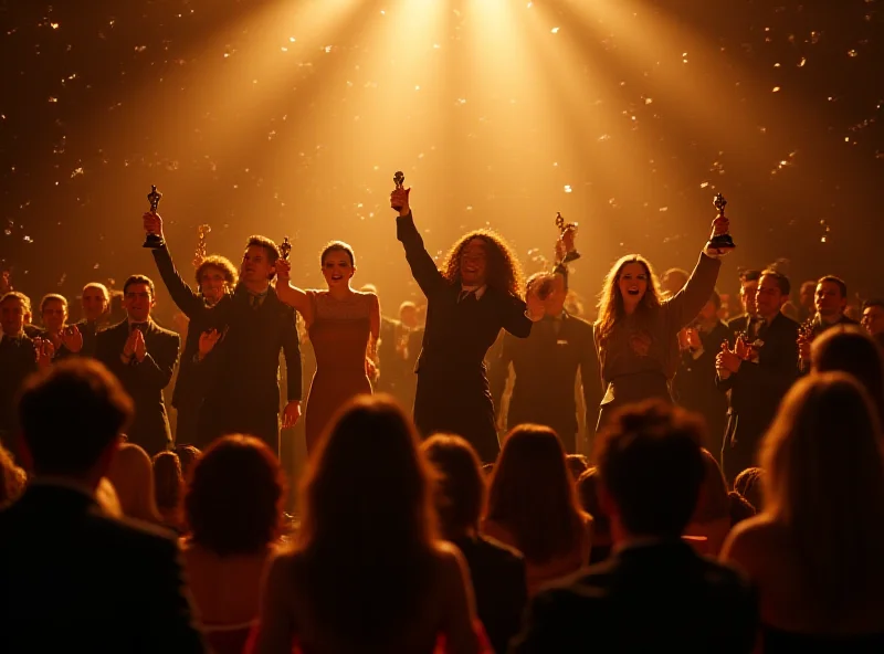 A still from the movie 'Anora' showing the cast celebrating a win, bathed in golden light.