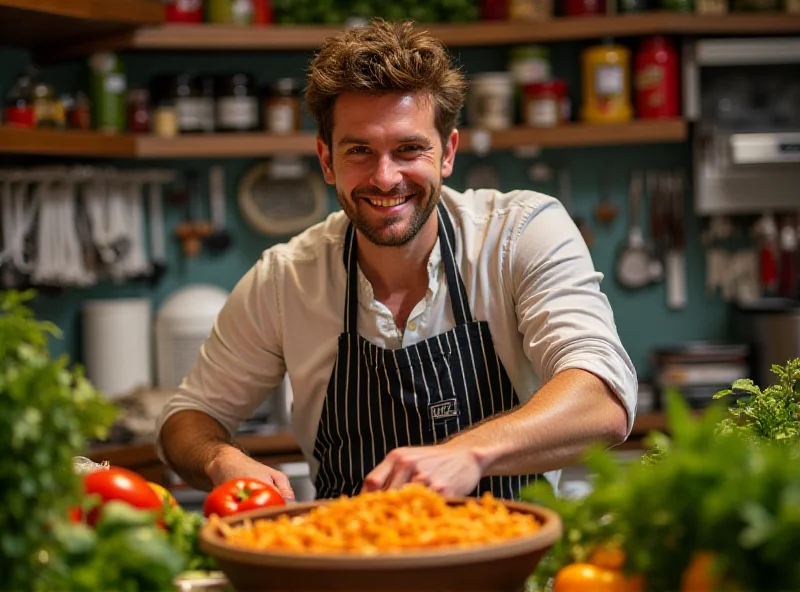 Antoni Porowski smiling while preparing food, surrounded by fresh ingredients and kitchen utensils.