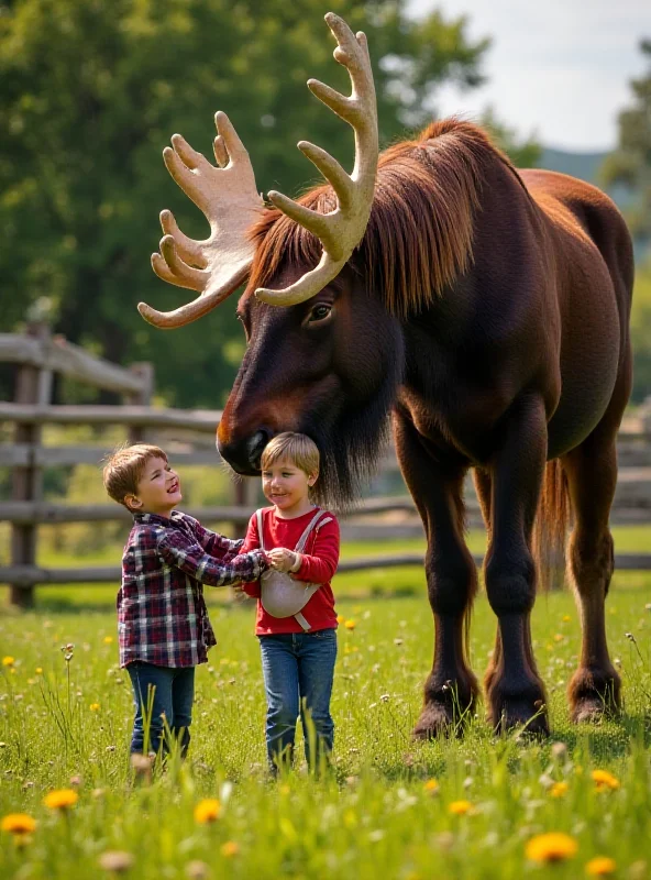 A friendly giant draft horse, Moose, standing in a sunny field at Four Mile Historic Park, with children petting him and smiling.