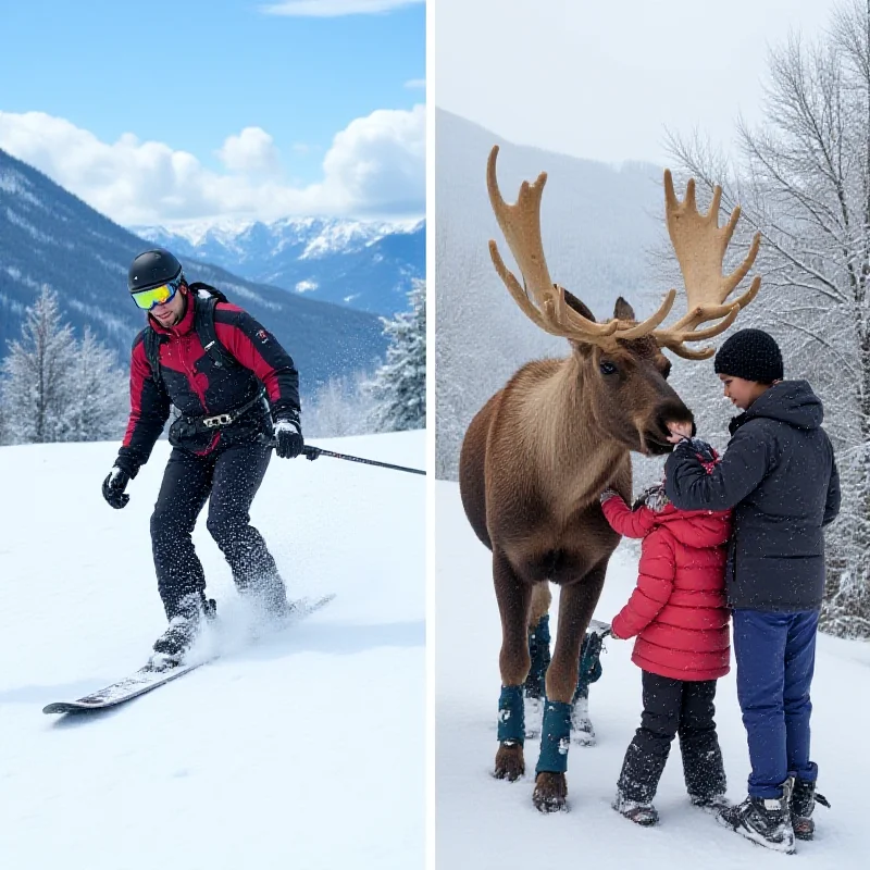 A split image showing a skier enjoying the slopes in Crested Butte on one side and Moose being petted by children at Four Mile Historic Park on the other, symbolizing adventure and heartwarming experiences.