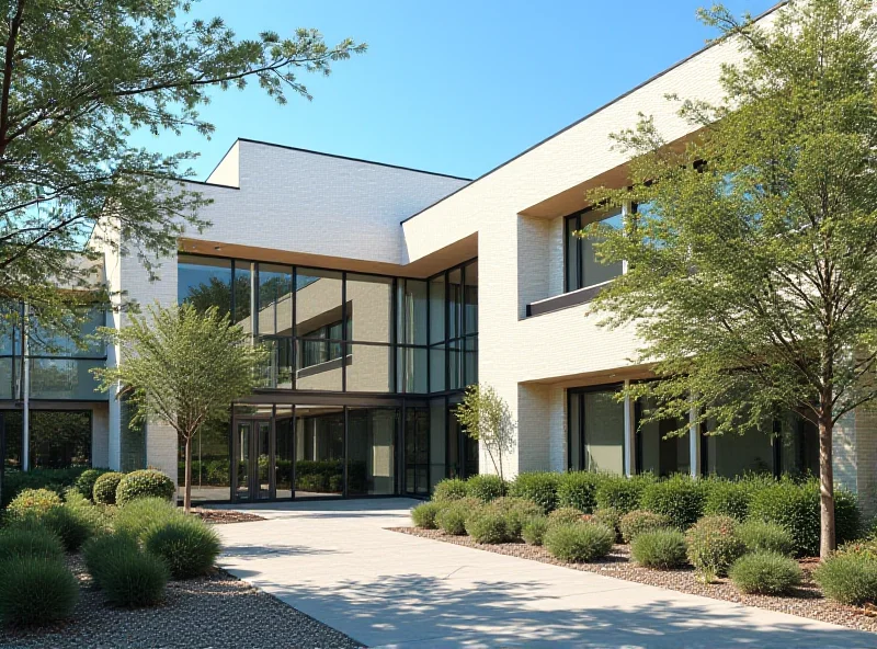 Exterior of a modern residential care center, daytime.