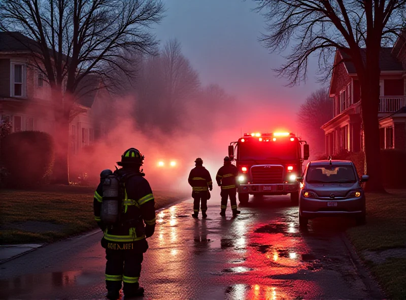 Firefighters and emergency vehicles surrounding a residential street with houses, indicating a gas leak situation.