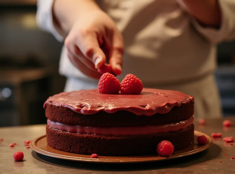 Close-up shot of a freshly baked devil's food cake, with rich chocolate frosting and a few raspberries as garnish. A chef's hand is visible, gently placing a final raspberry on the cake.