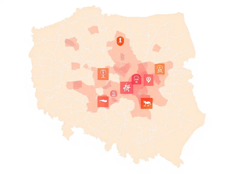 A map of Warsaw with crime hotspots highlighted.