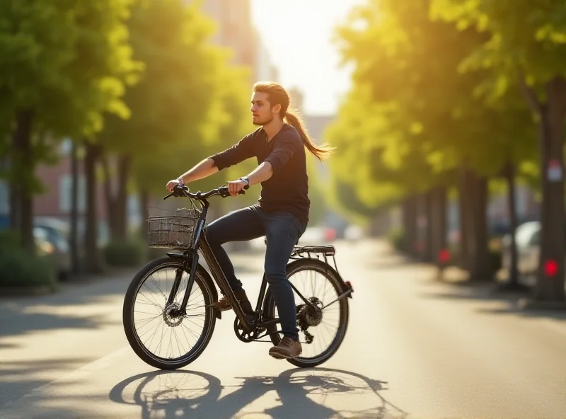 A person riding an electric bicycle down a street.