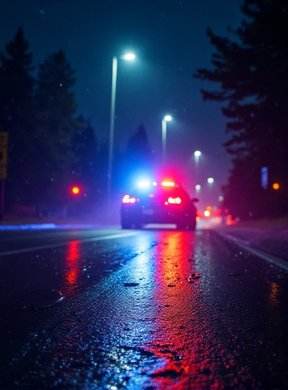 Police lights flashing on a dark road at night.