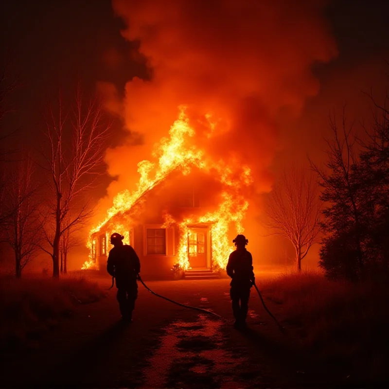 A house engulfed in flames at night.