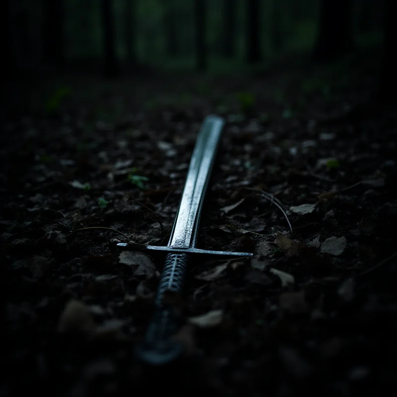 A dark and ominous looking sword lying on a forest floor.