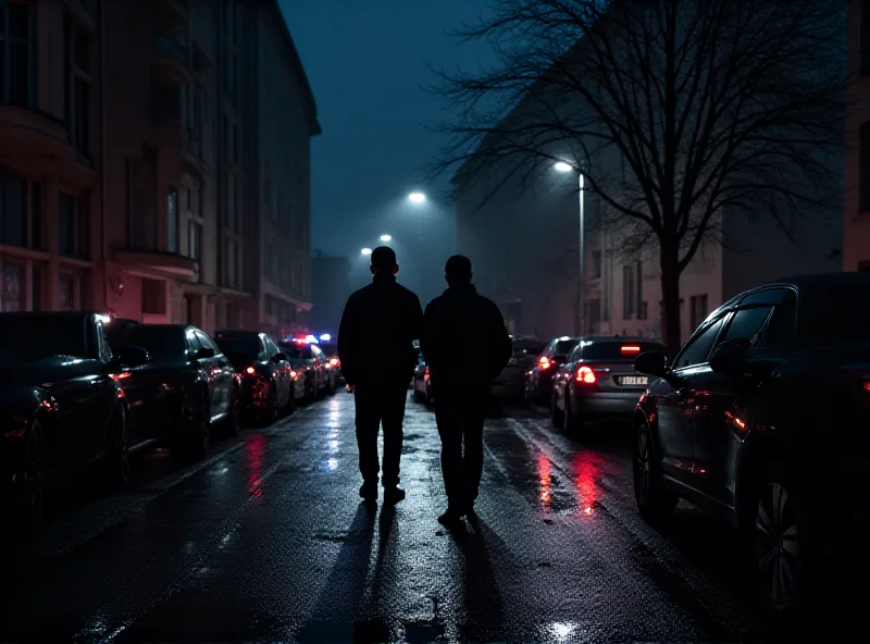 Police investigation scene in Warsaw, Poland, at night.