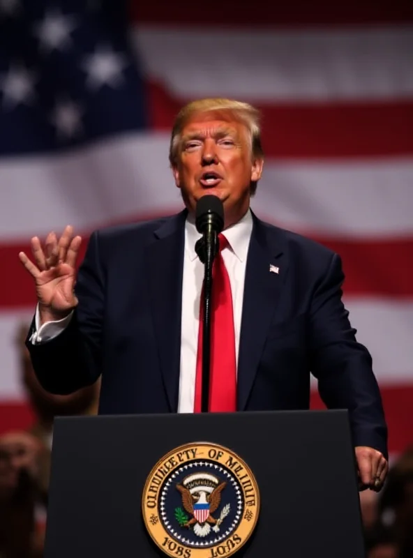 Donald Trump giving a speech at a rally with a crowd of supporters.