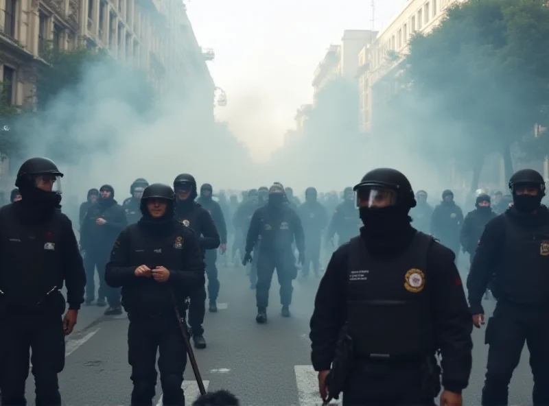 A chaotic protest scene in Athens, with tear gas and demonstrators.