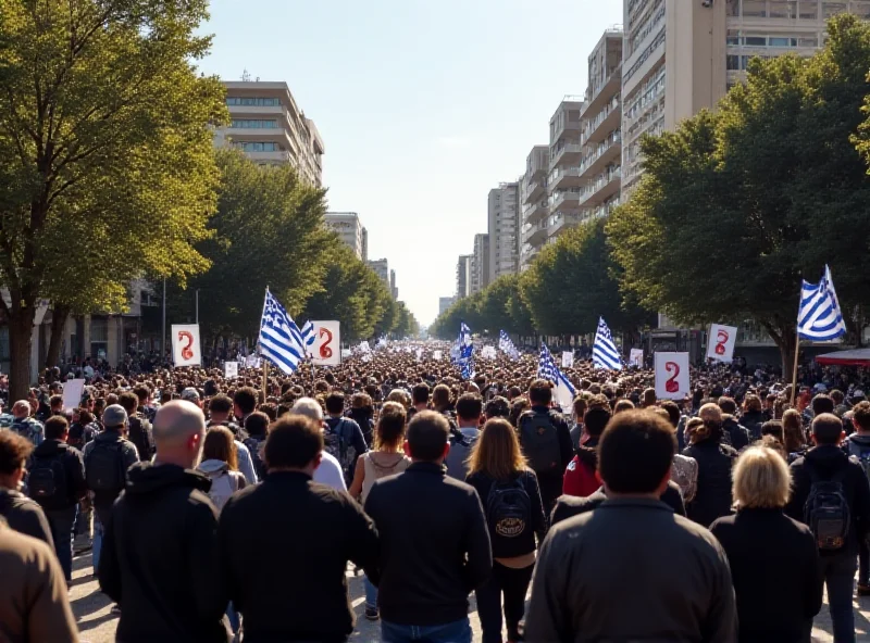 A large crowd of protesters marching through the streets of Athens.