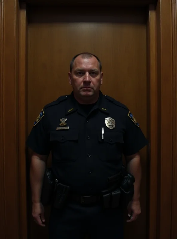 A police officer standing in front of a barricaded door