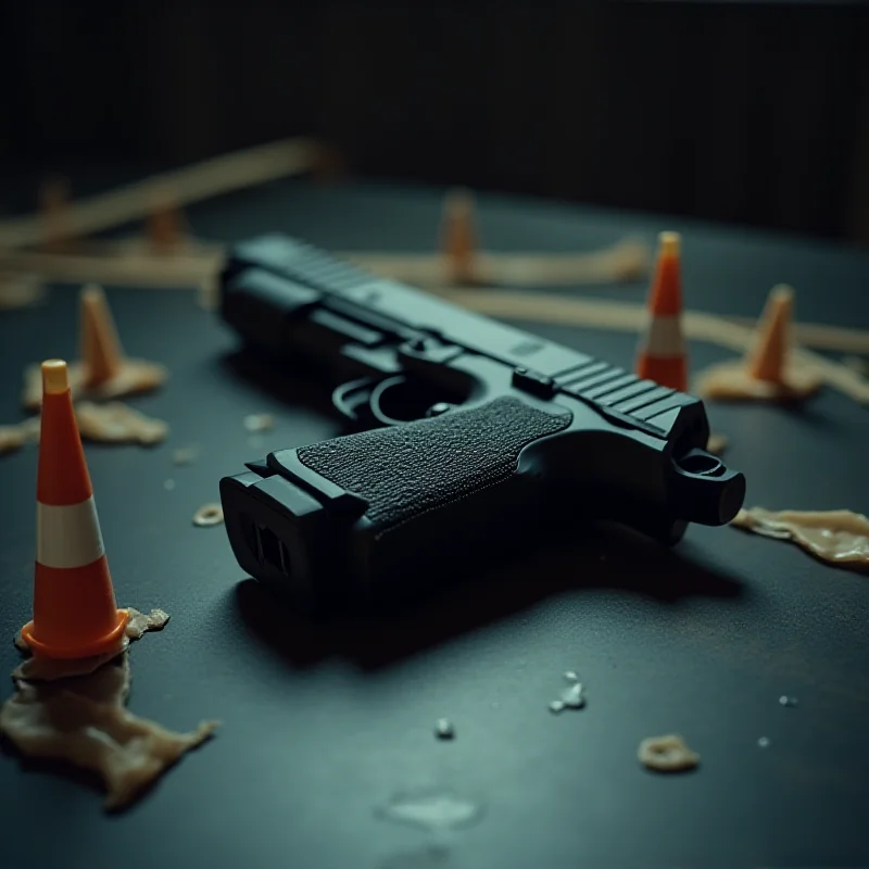 Close up of a handgun with forensic evidence markers around it.