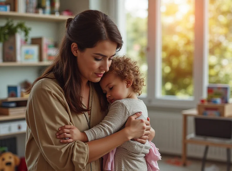 A social worker comforting a child in a brightly lit office, suggesting a safe and supportive environment.