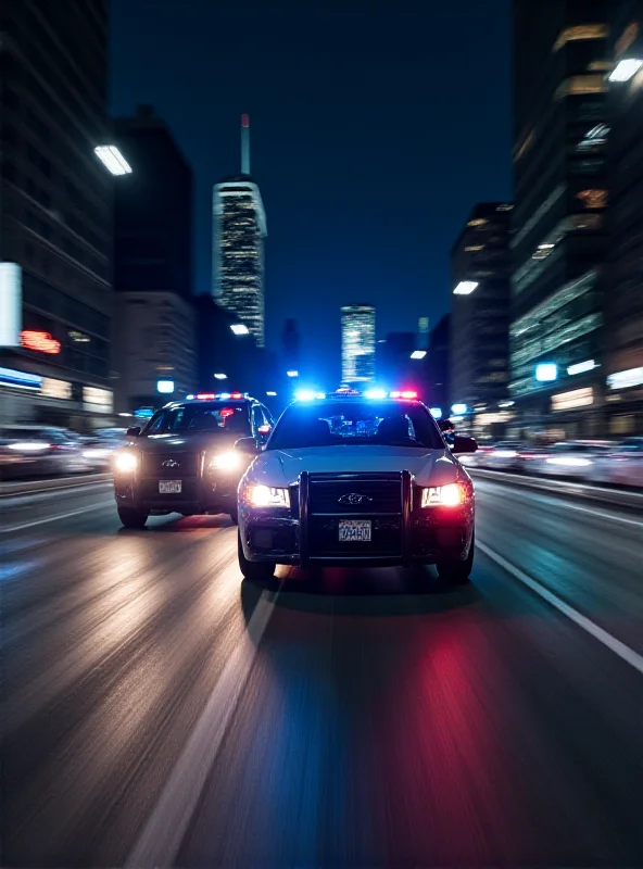 A police car chasing a van through city streets at night, with bright headlights and sirens flashing.