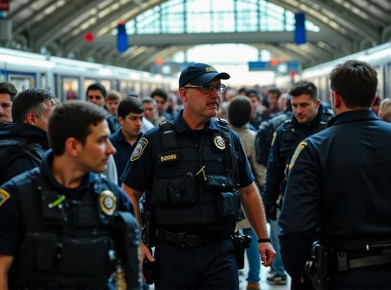 A large train station with many people being evacuated by police officers and security personnel.