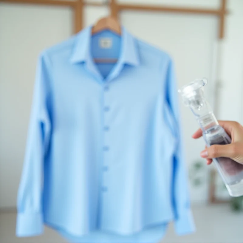 Hand spraying a wrinkled shirt, with a blurred background suggesting a modern home.